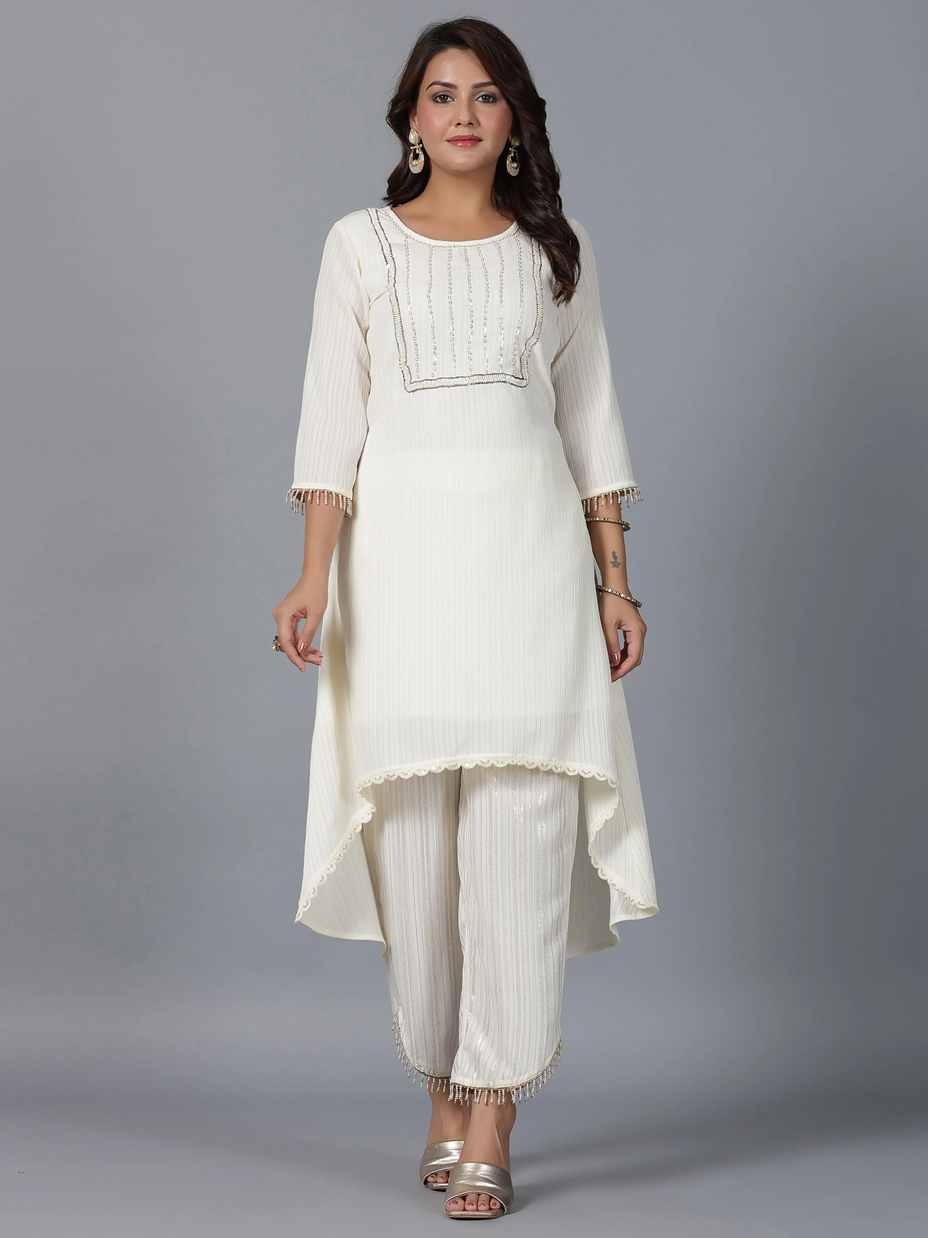 Women Ivory Magnus Embellished High-Low Kurta And Pants Set