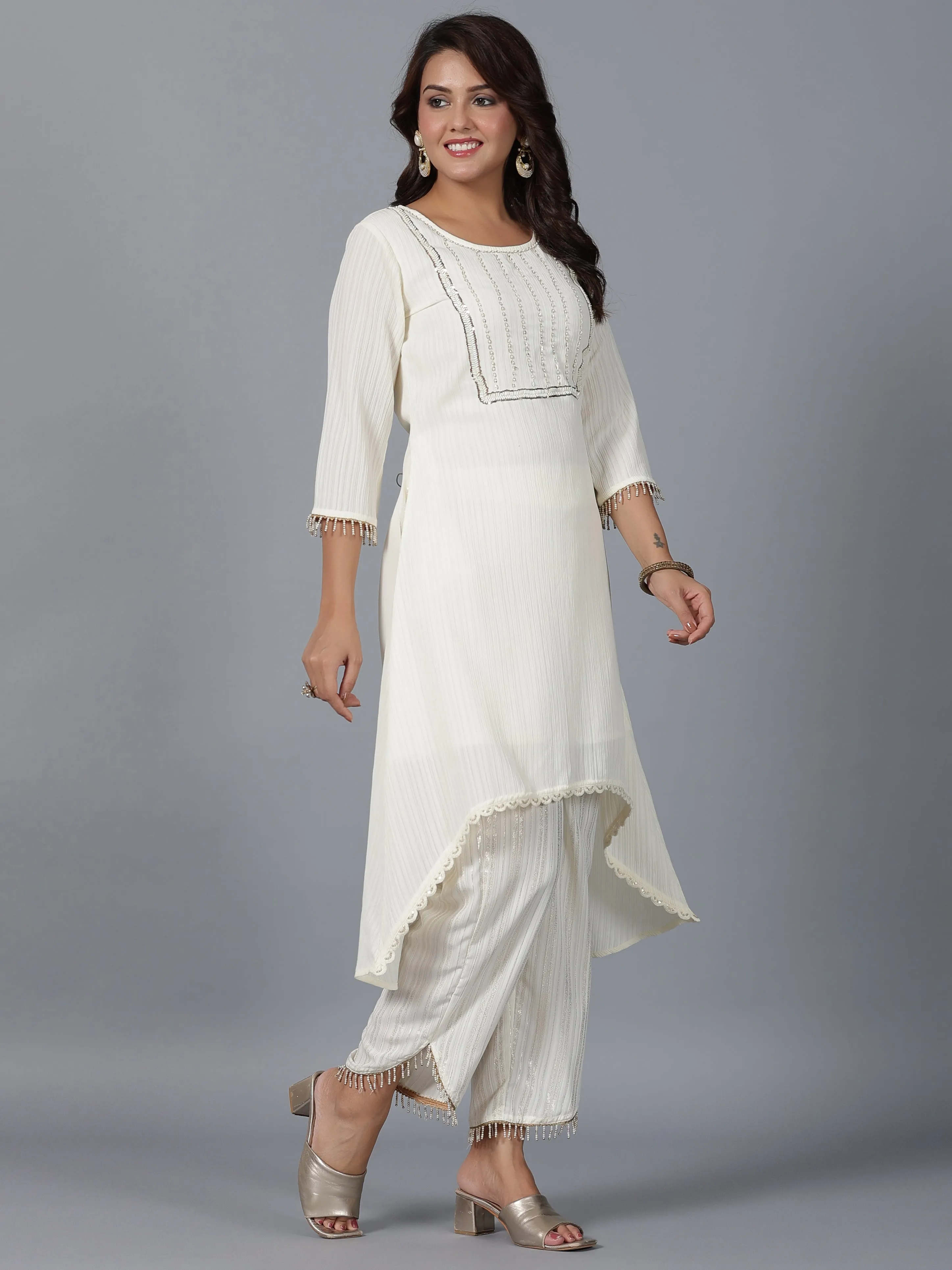 Women Ivory Magnus Embellished High-Low Kurta And Pants Set