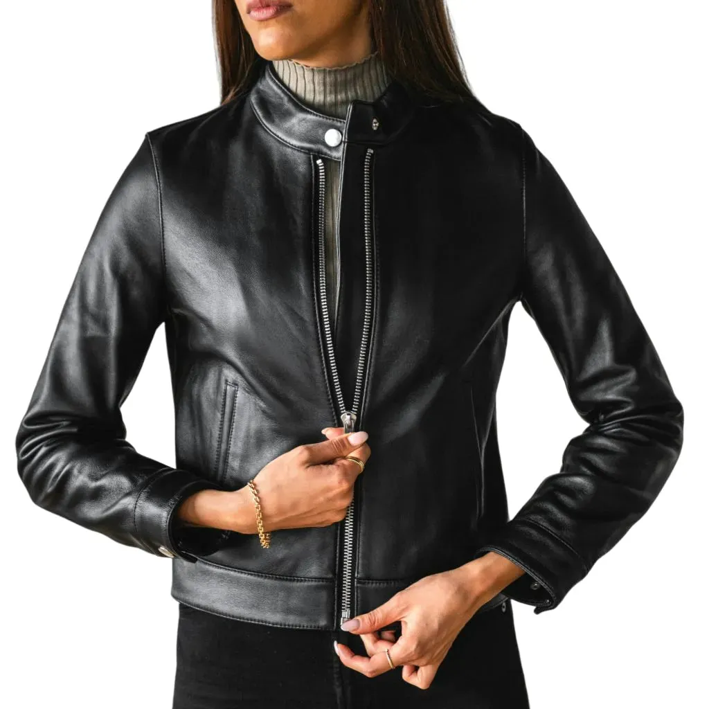 Womens Black Cafe Racer Leather Jacket