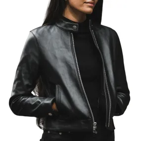 Womens Black Cafe Racer Leather Jacket