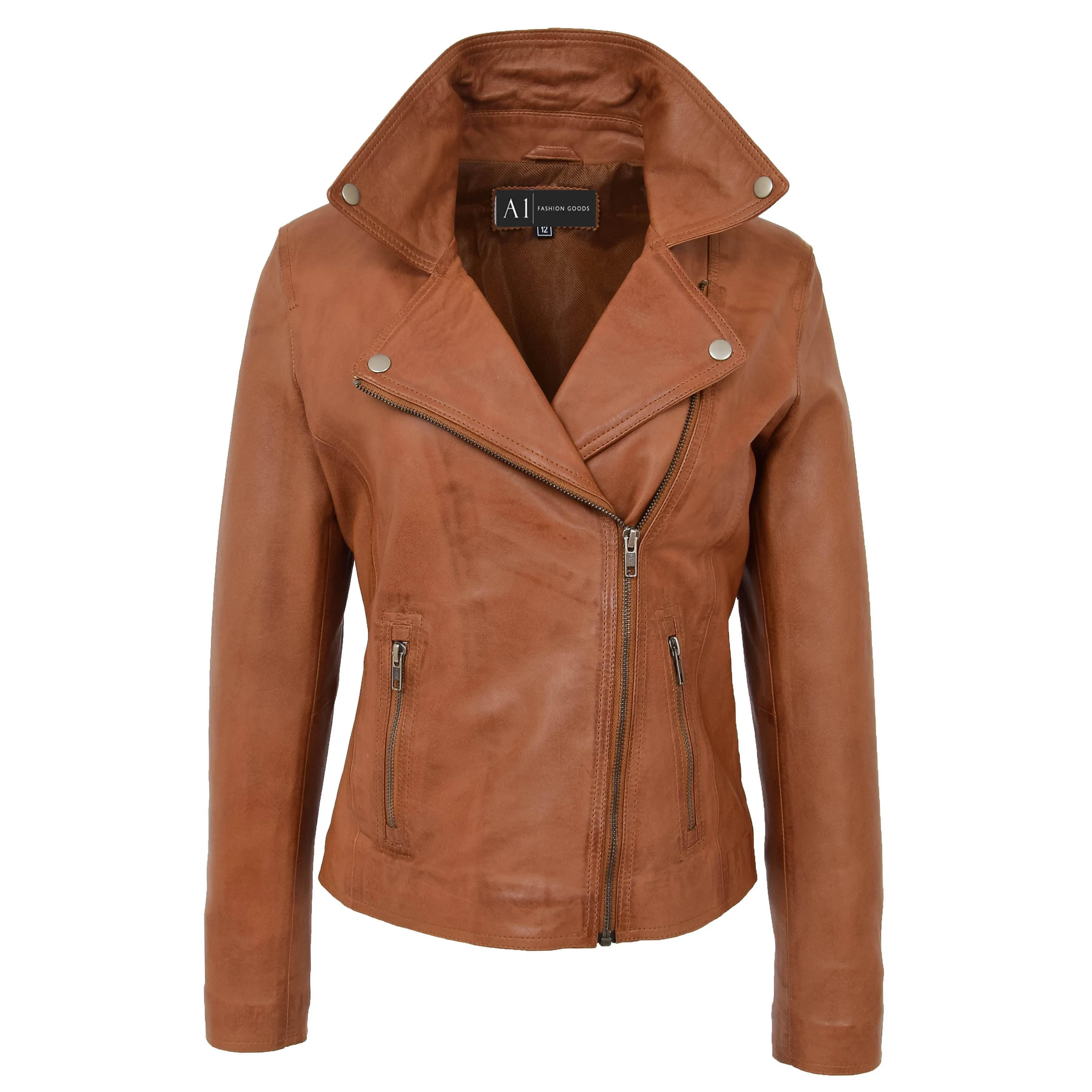 Womens Genuine Leather Biker Jacket Fitted Designer Style Myla Tan