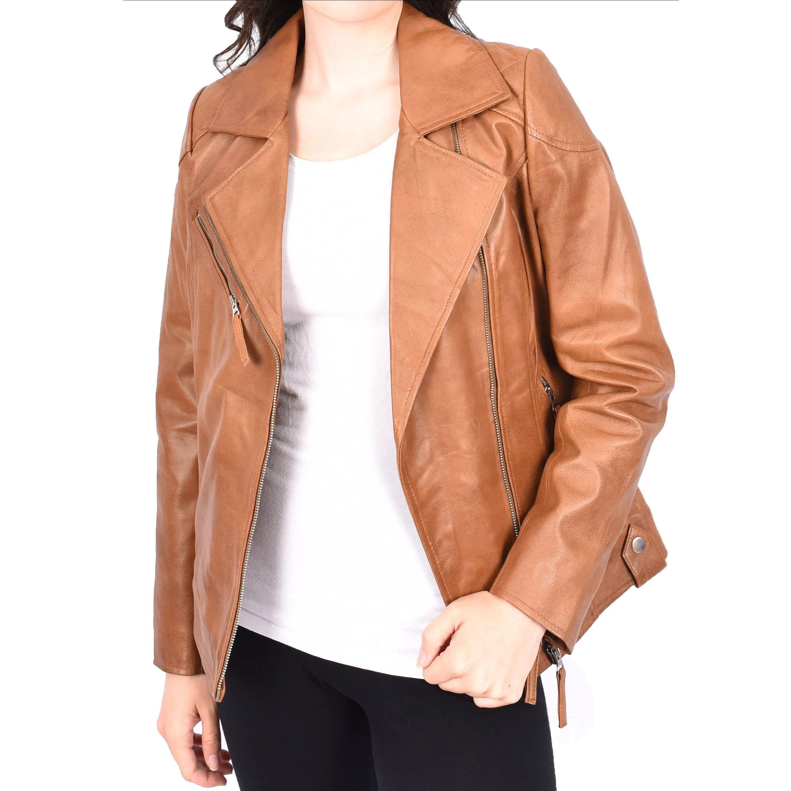 Womens Leather Biker Jacket Cross Zip Style Mona Tan