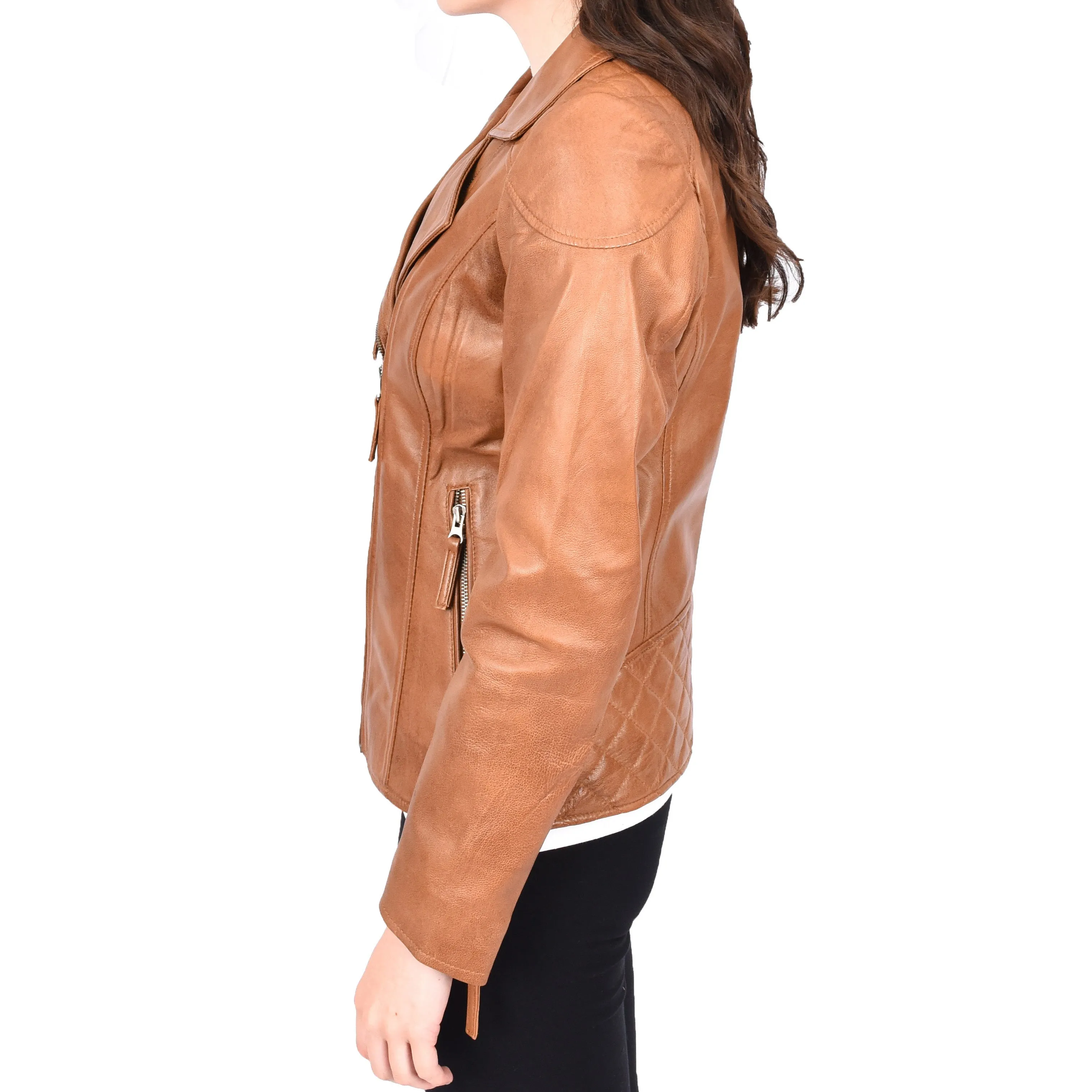 Womens Leather Biker Jacket Cross Zip Style Mona Tan