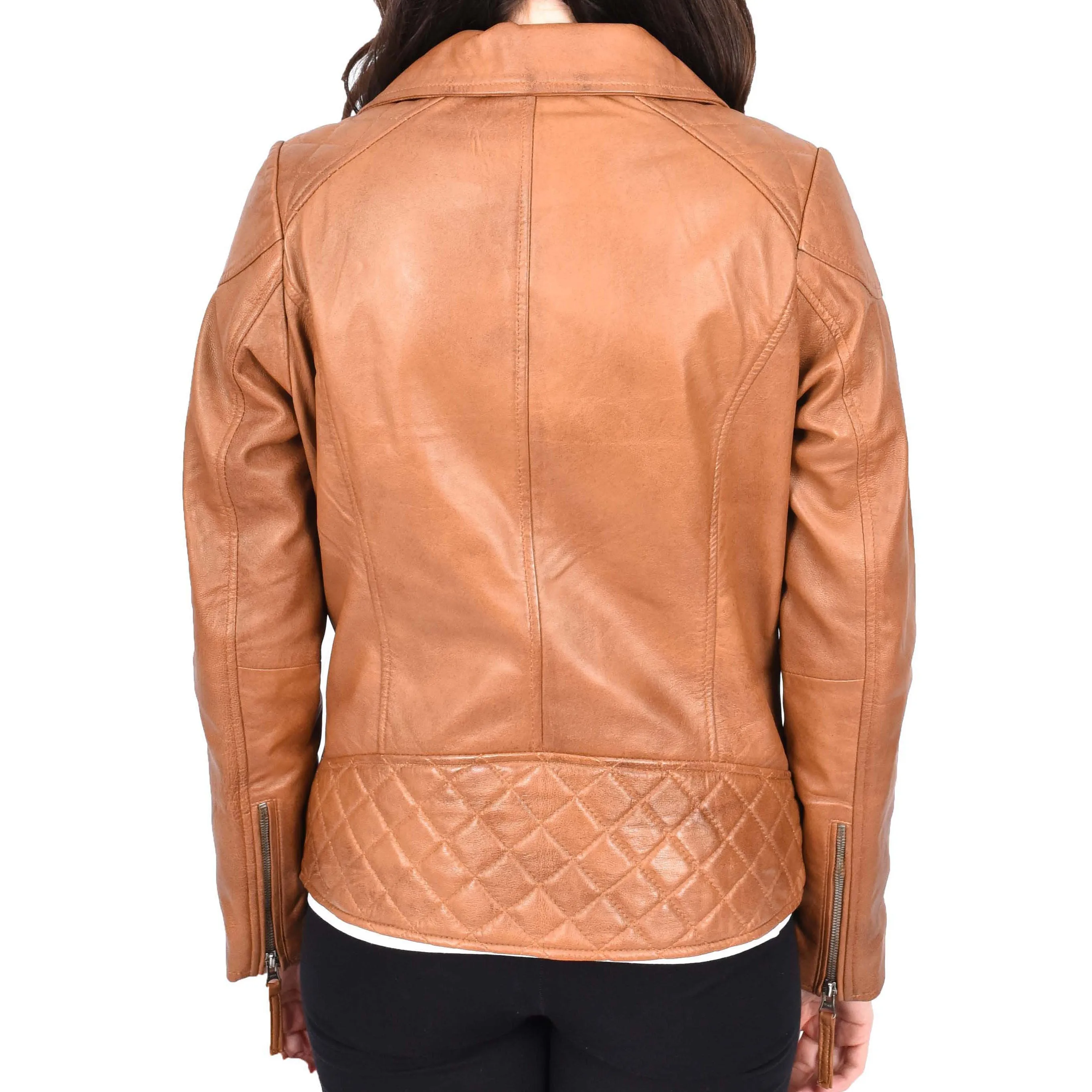 Womens Leather Biker Jacket Cross Zip Style Mona Tan