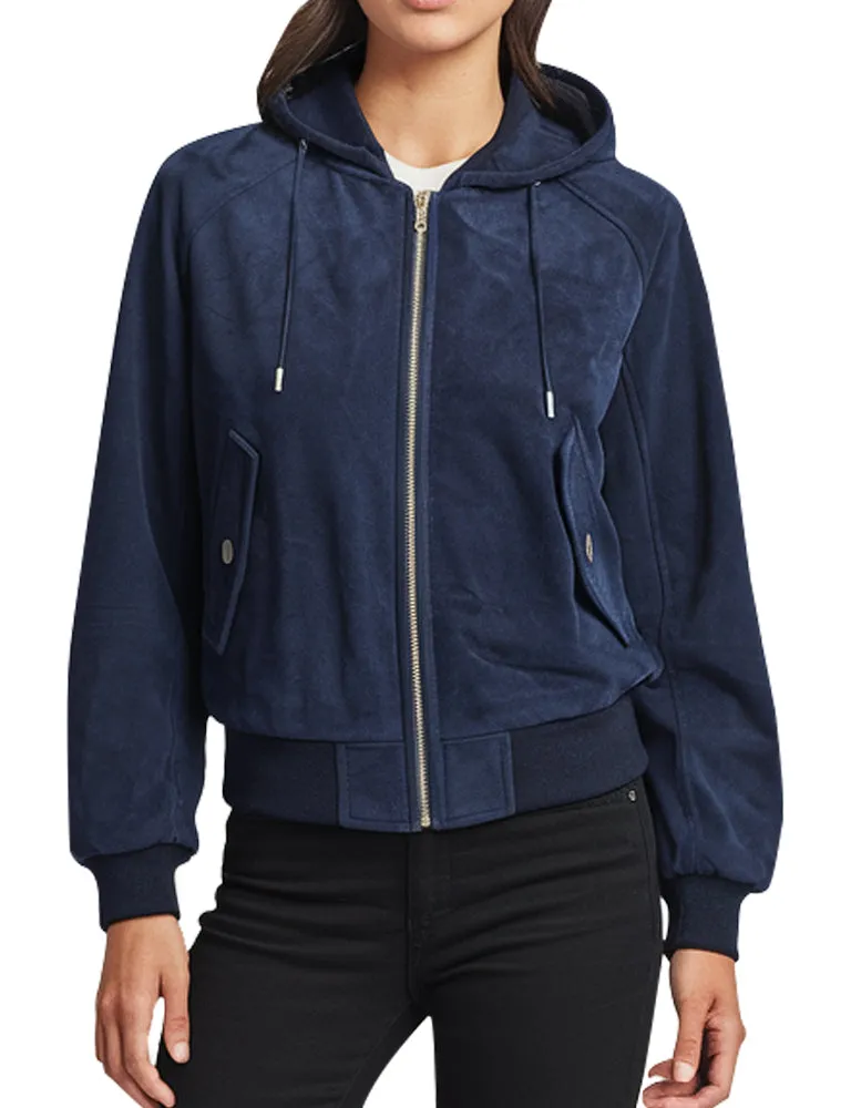 Women's Navy Blue Hooded Suede Bomber Jacket