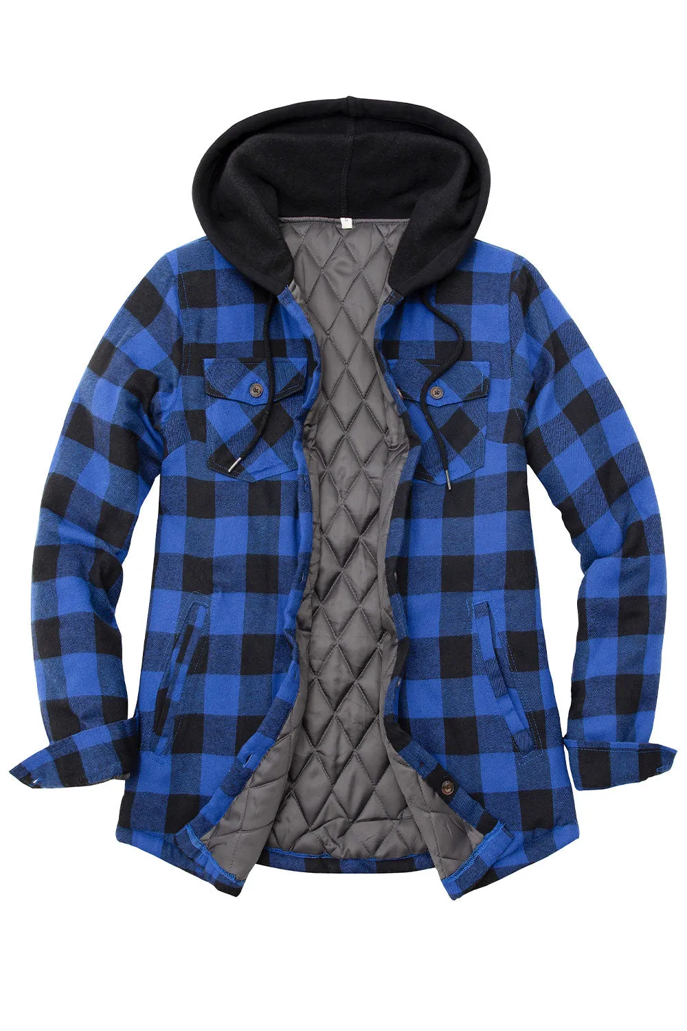 Women's Quilted Lined Hooded Plaid Flannel Shirt Jacket with Hood