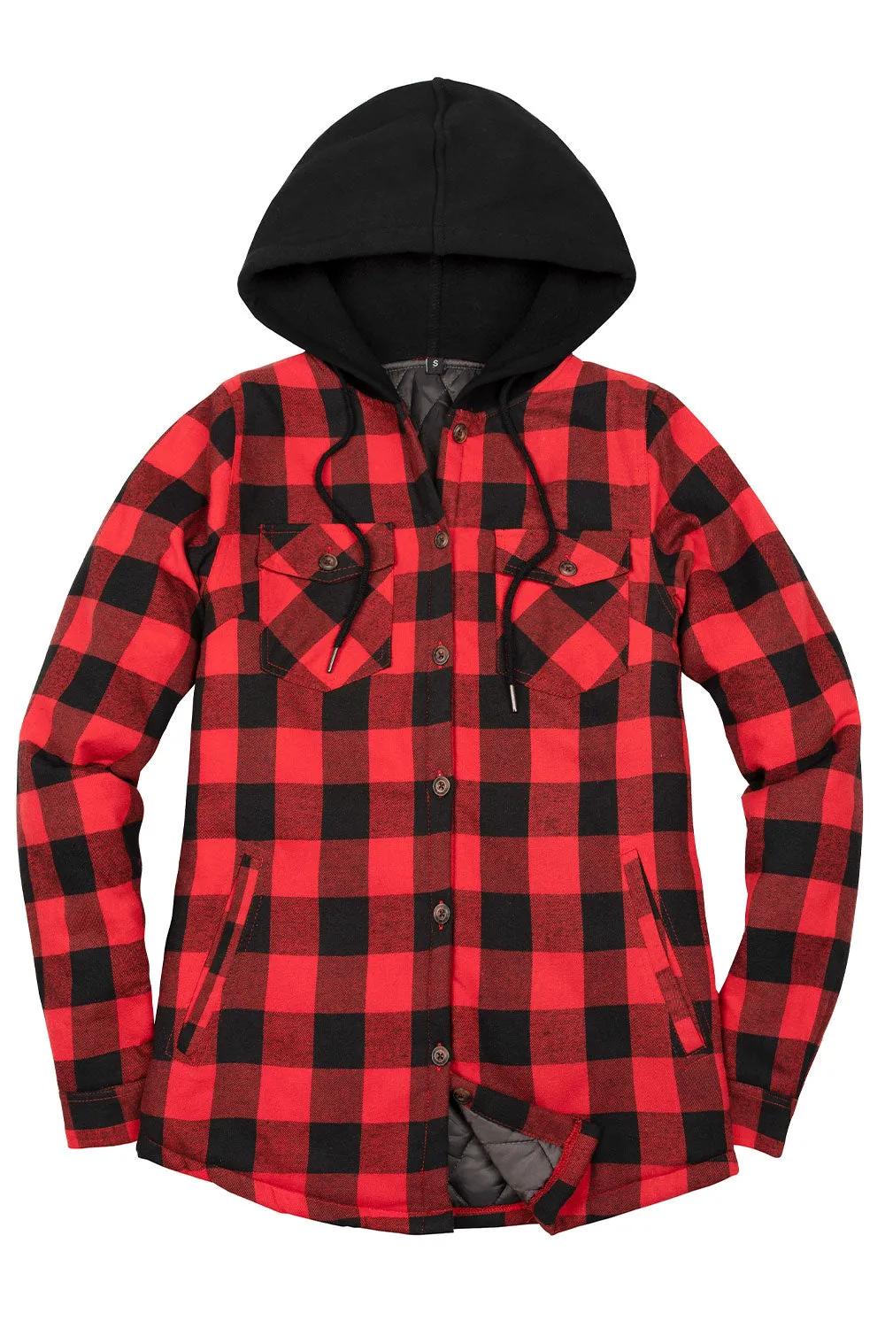 Women's Quilted Lined Hooded Plaid Flannel Shirt Jacket with Hood