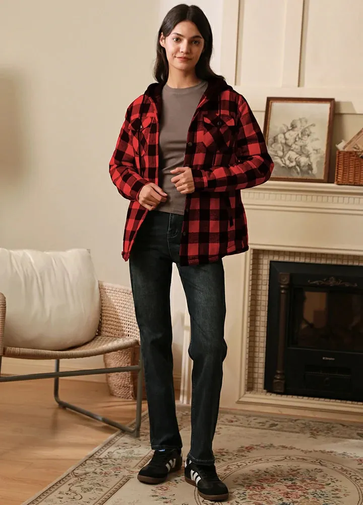 Women's Quilted Lined Hooded Plaid Flannel Shirt Jacket with Hood