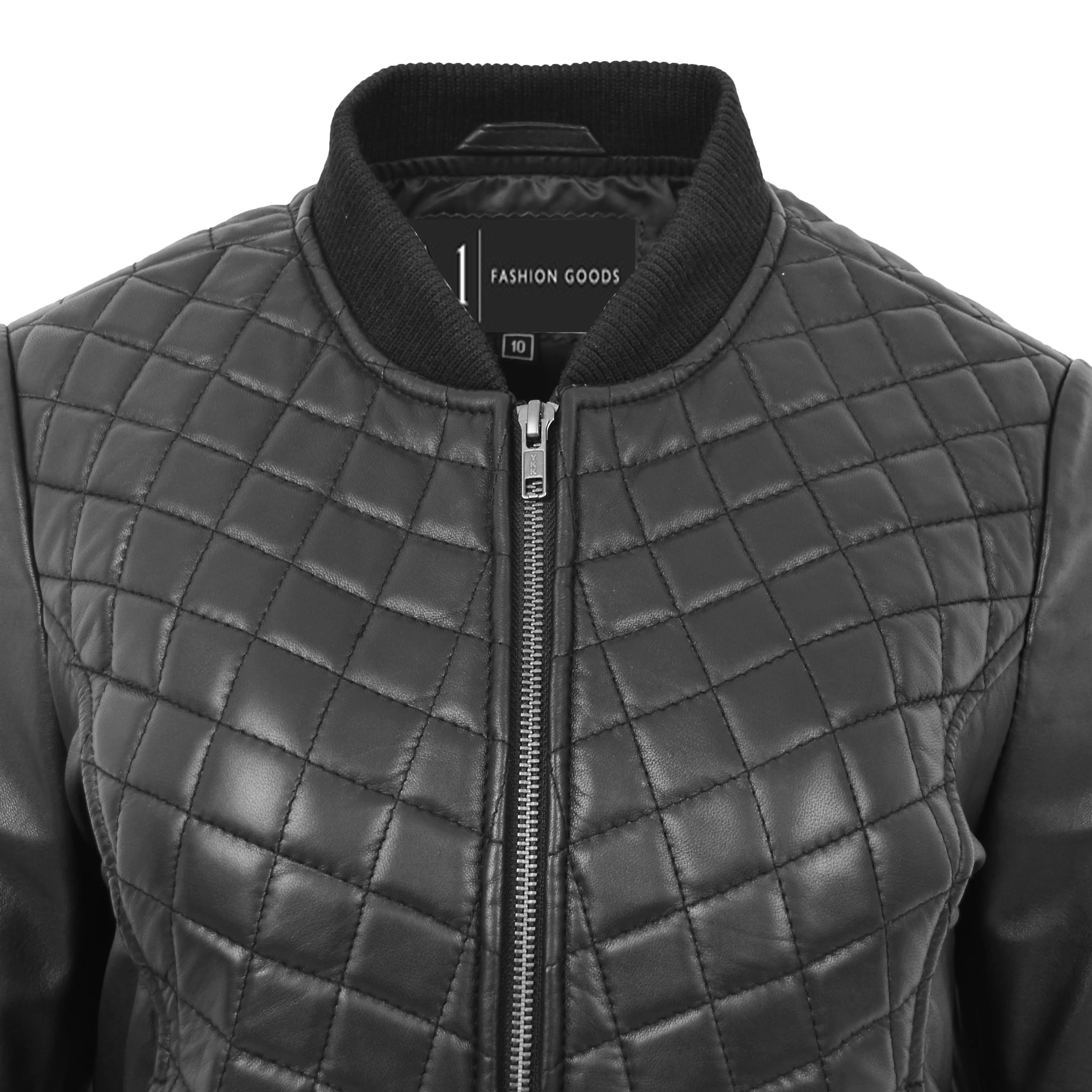 Womens Real Leather Bomber Jacket Black Diamond Quilted Fitted Varsity Storm