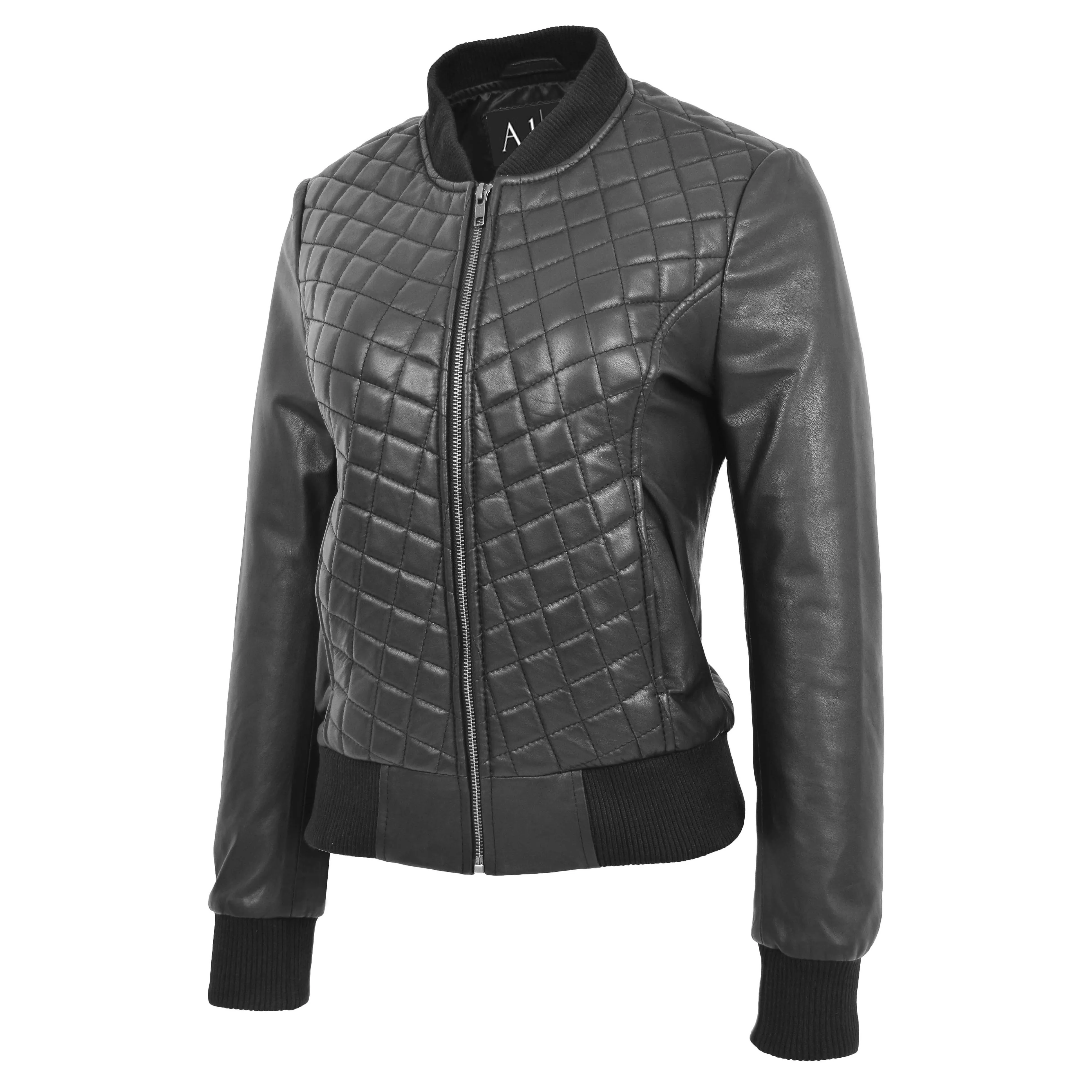 Womens Real Leather Bomber Jacket Black Diamond Quilted Fitted Varsity Storm