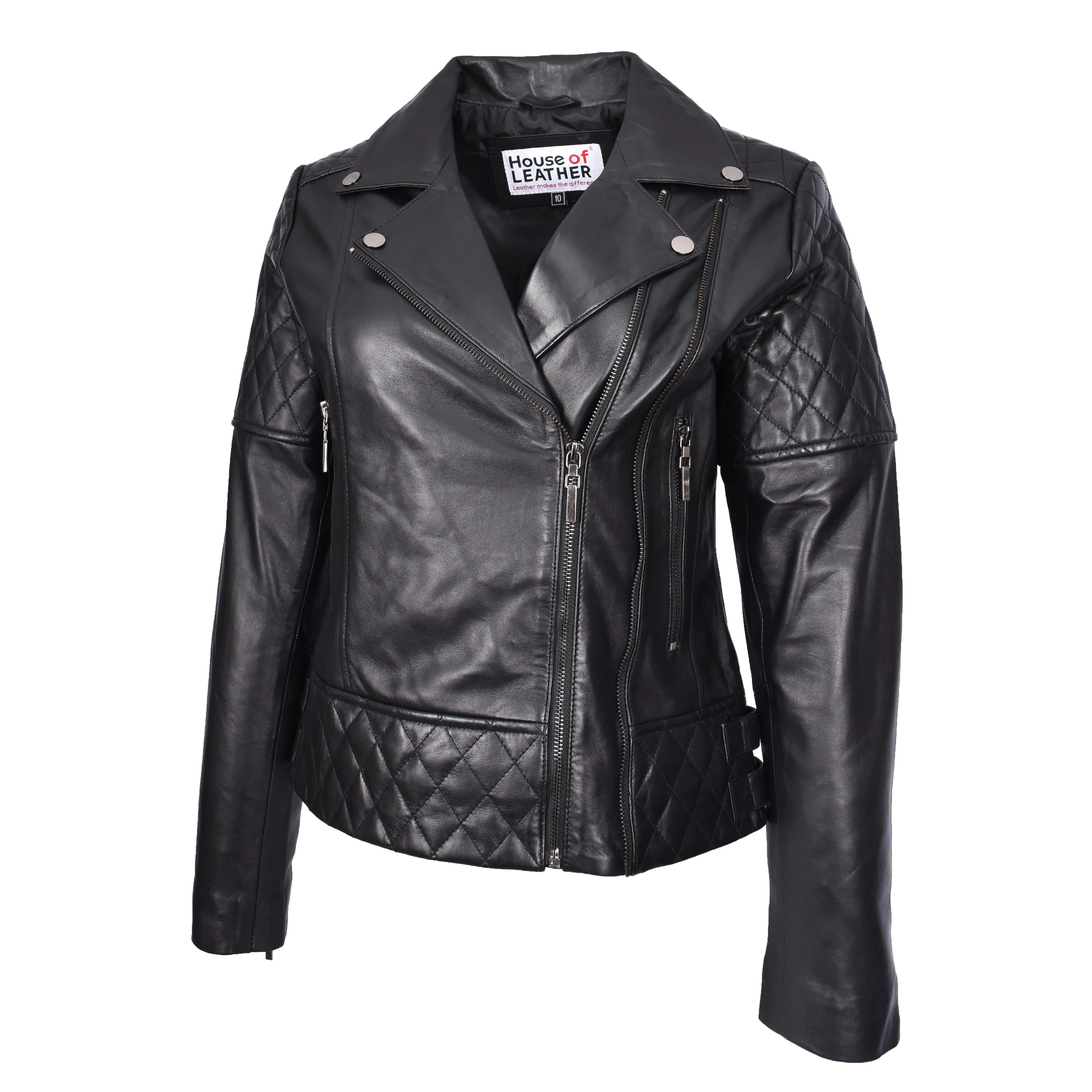 Women's Real Leather Jacket Multi Cross Zip Biker Style Fitted Quilted Nixi Black