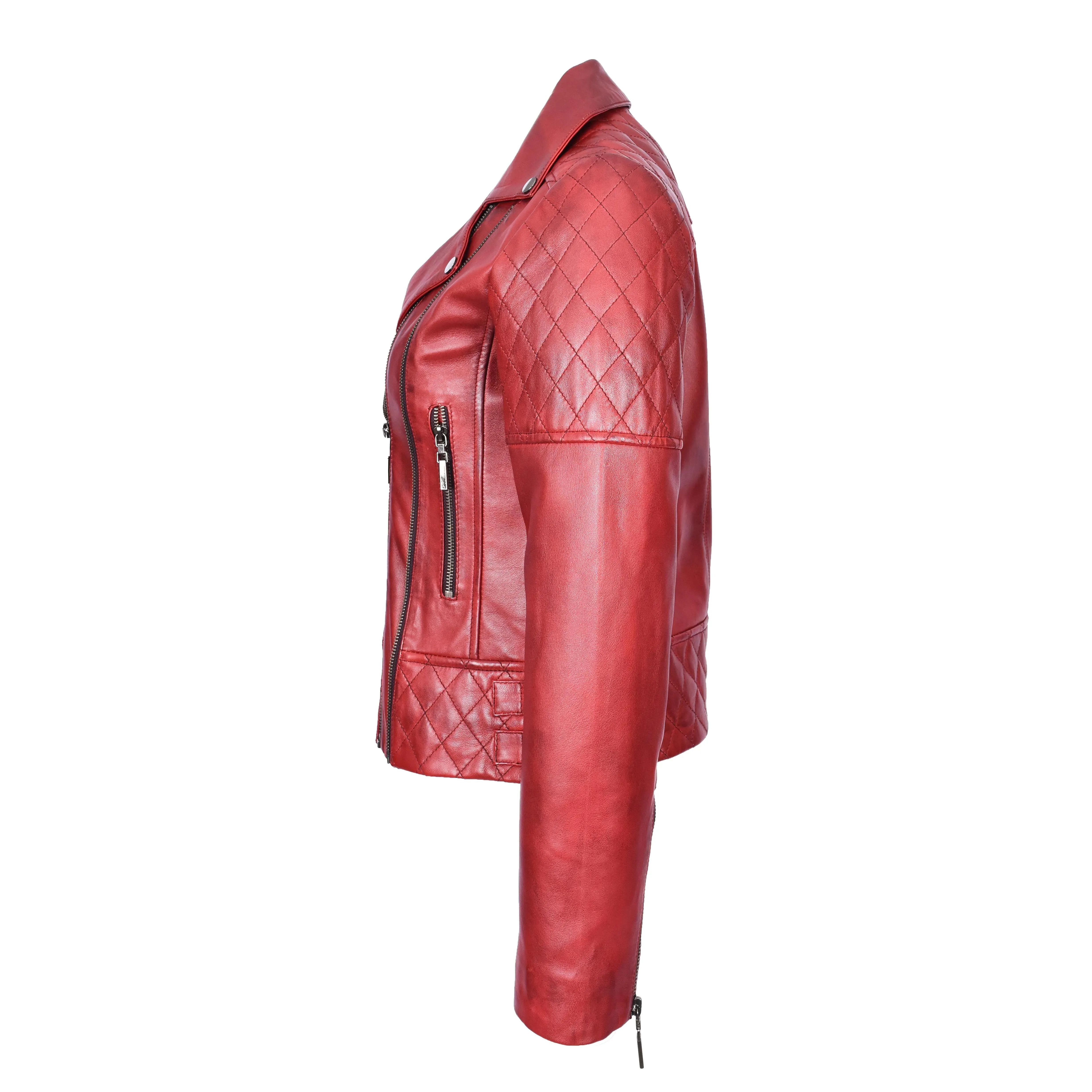 Women's Real Leather Jacket Multi Cross Zip Biker Style Fitted Quilted Nixi Burnish Red