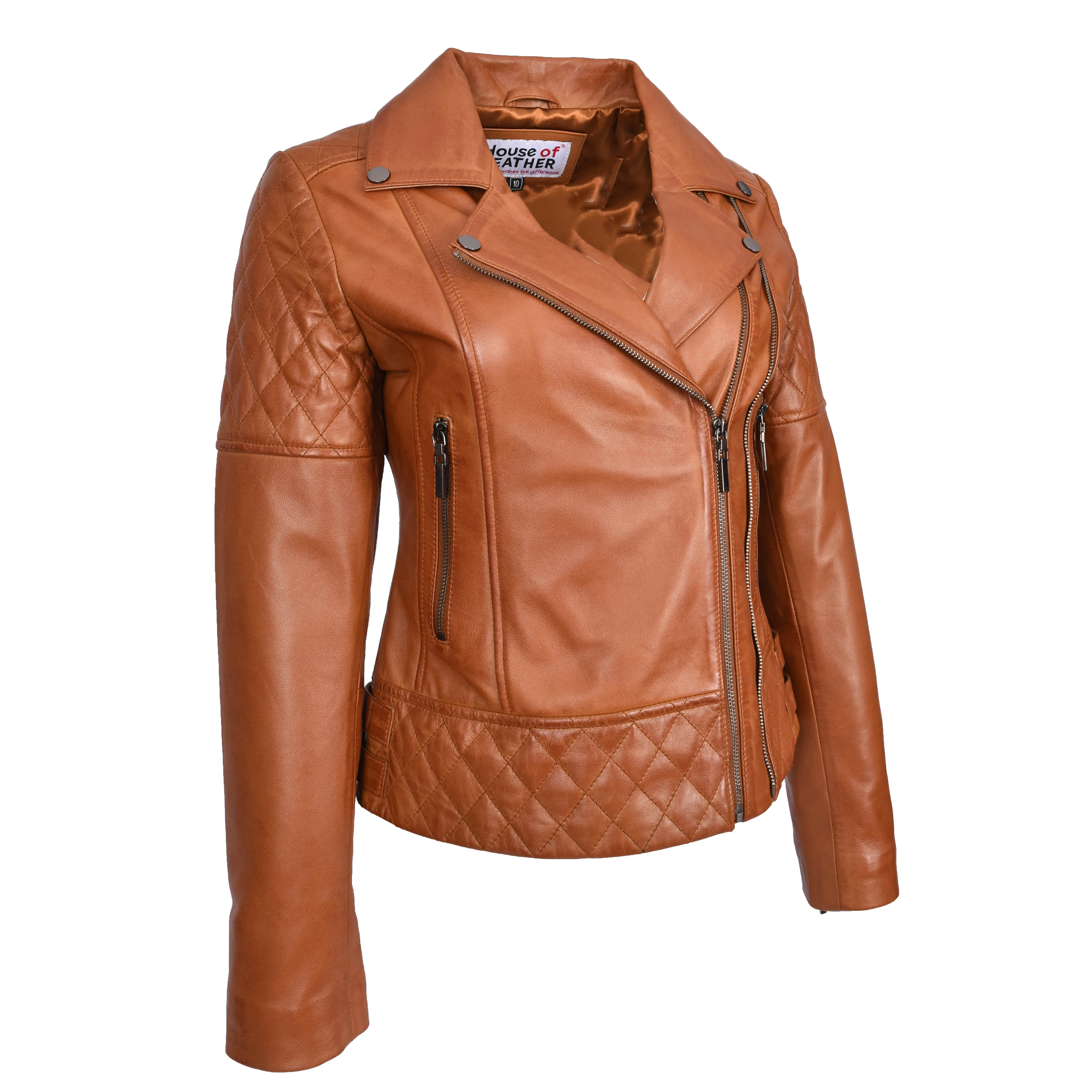 Women's Real Leather Jacket Multi Cross Zip Biker Style Fitted Quilted Nixi Tan