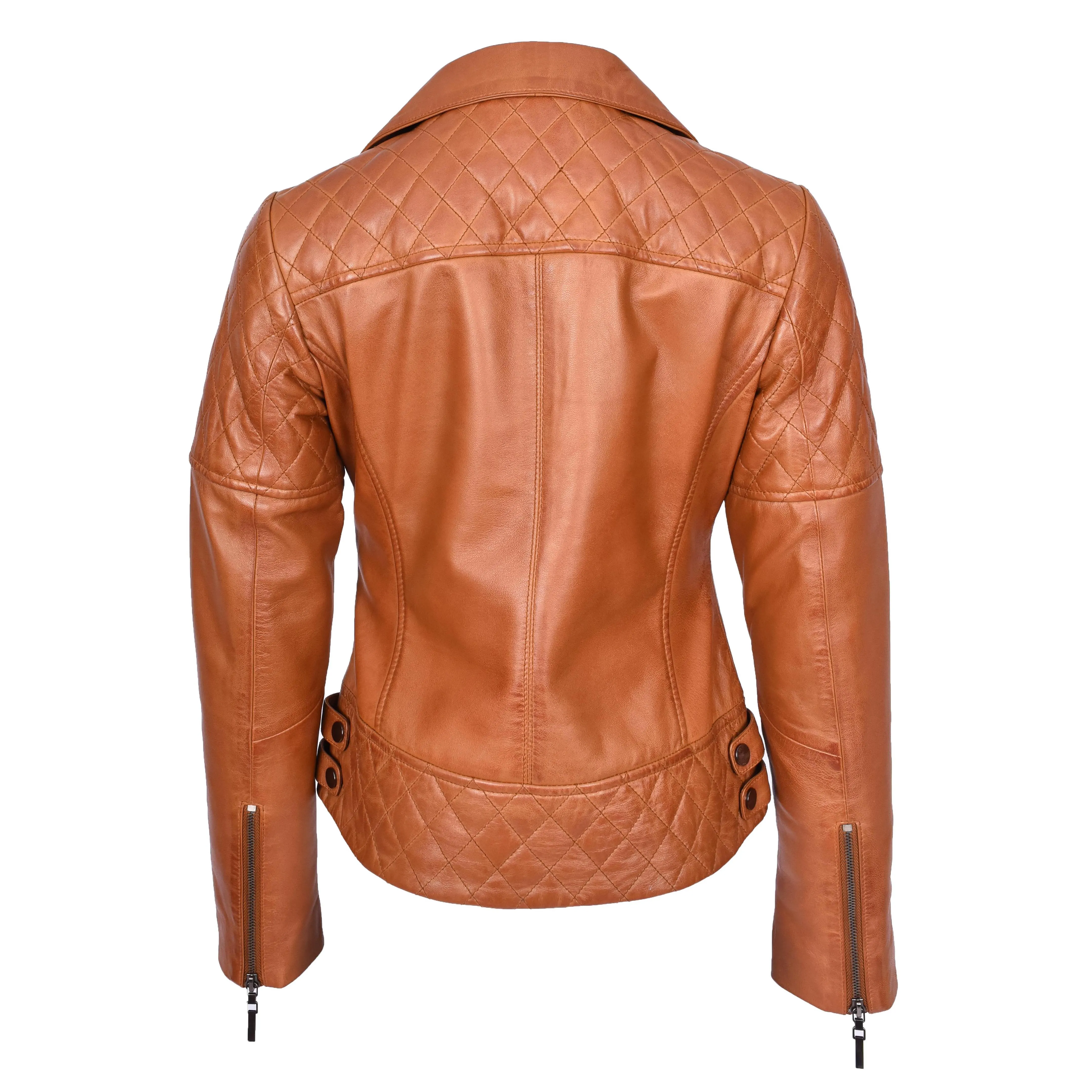 Women's Real Leather Jacket Multi Cross Zip Biker Style Fitted Quilted Nixi Tan