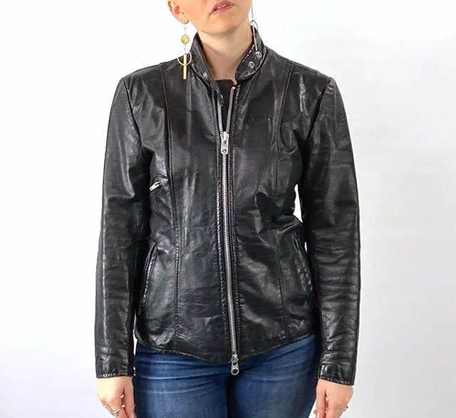 Women's Vintage 70s Motorcycle Jacket Black Leather Moto M/L VFG