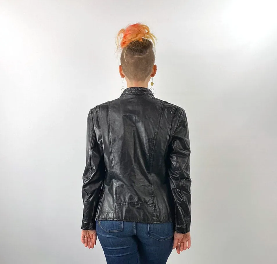 Women's Vintage 70s Motorcycle Jacket Black Leather Moto M/L VFG