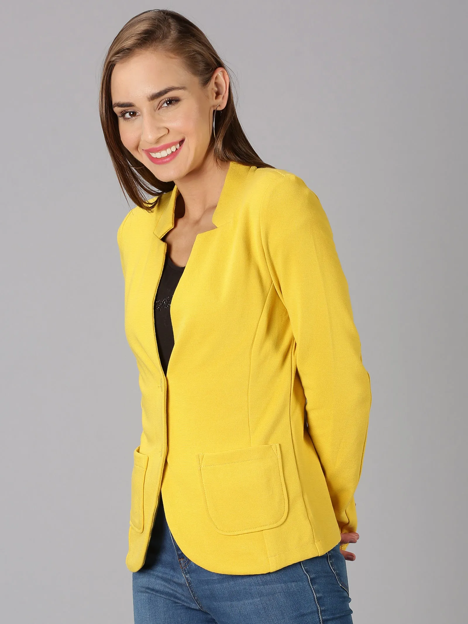 Yellow Full Sleeve Solid Women Jacket