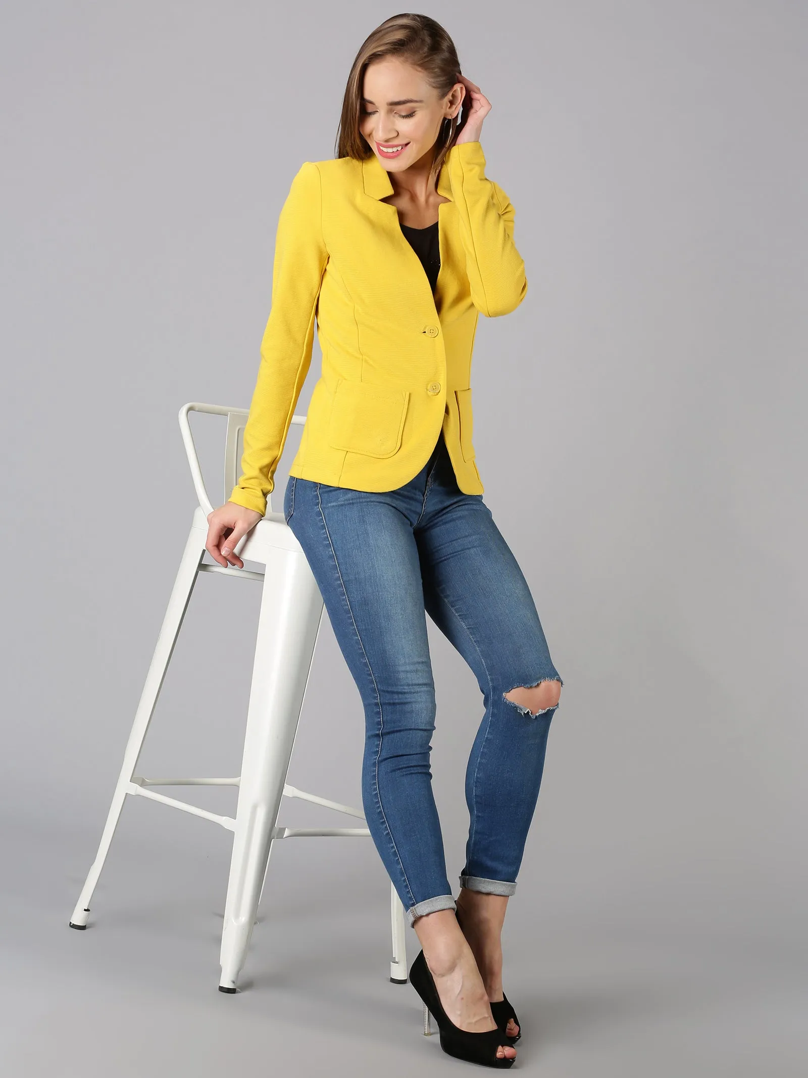 Yellow Full Sleeve Solid Women Jacket