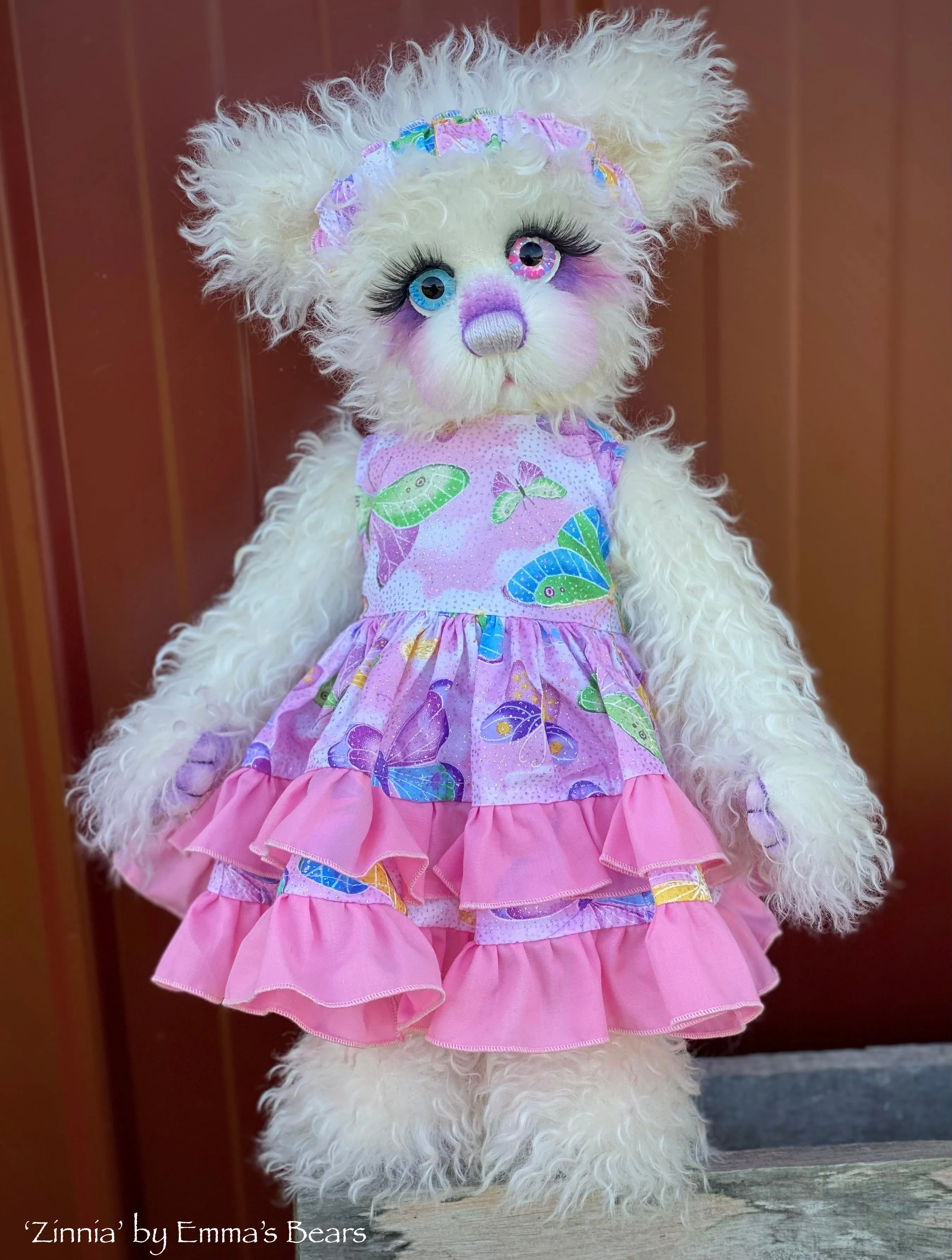 Zinnia - 16" White Curlylocks and Alpaca artist bear by Emma's Bears - OOAK