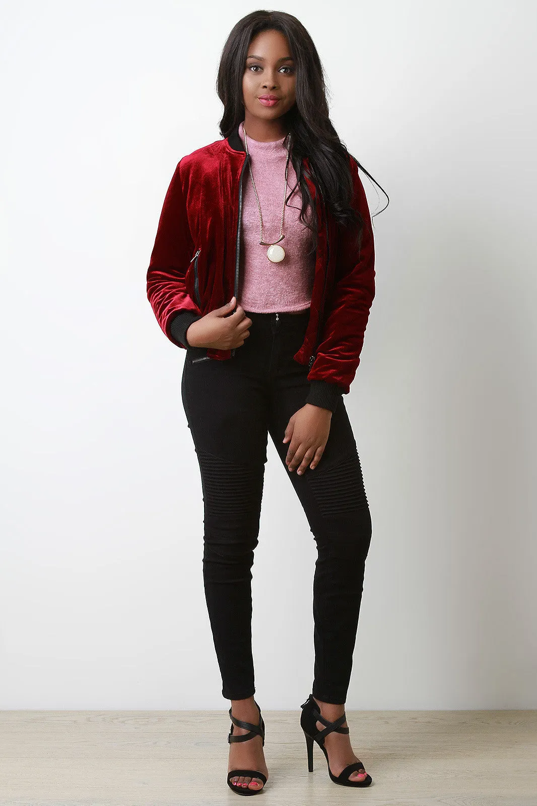 Zipper Pocket Velvet Bomber Jacket